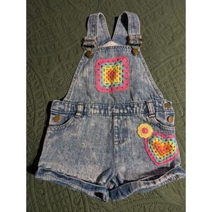 Kids 4T Denim Overalls Shorts Crochet Heart Flower Applique